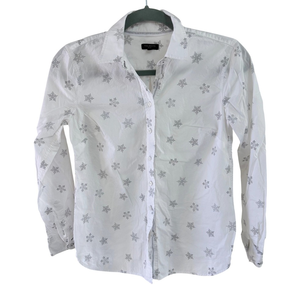 Talbots Holiday White Snowflake Print Button Down Shirt Silver Metallic Trim PS